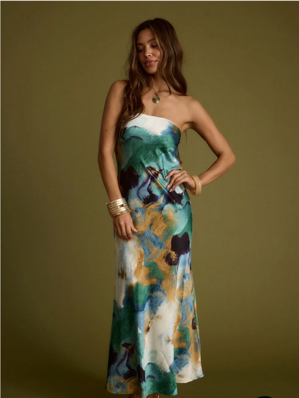 12th Tribe Strapless Abstract Print Maxi Dress in Green, Blue & Gold